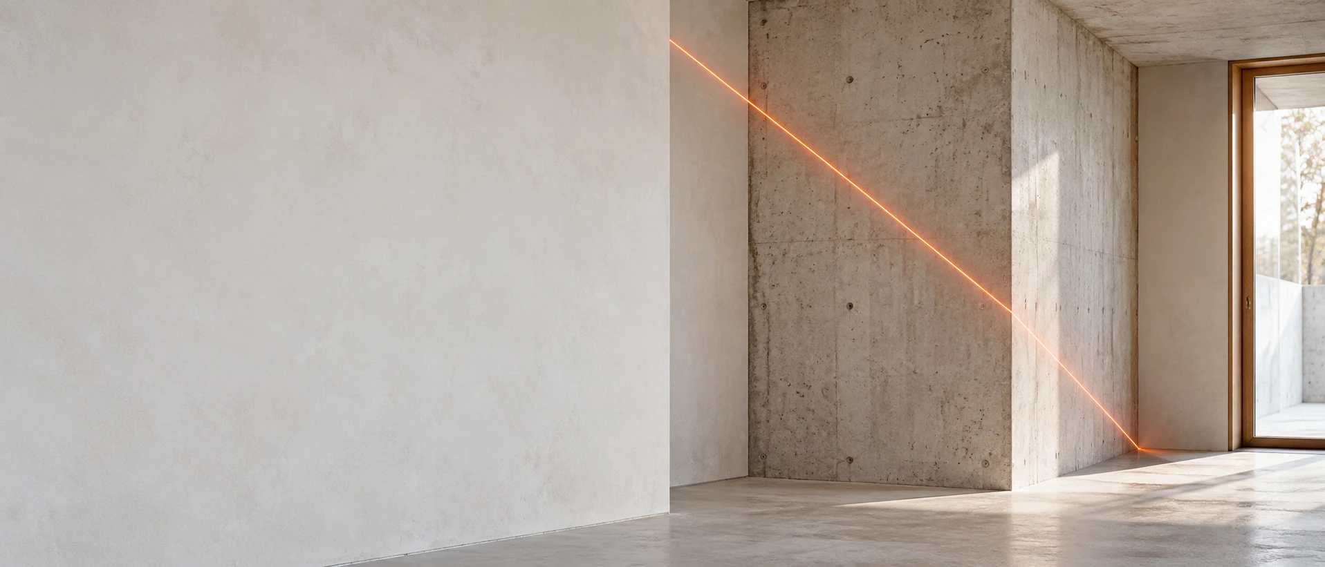 Rayon laser orange traversant une pièce vide aux murs de béton