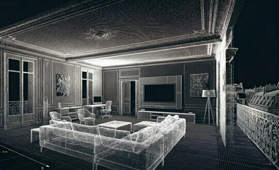 Nuage de points d'un intérieur haussmannien, murs et moulures relevés au scanner LiDAR